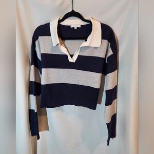 Love Tree Navy & Grey Striped Cropped  Rugby Polo Sweater - L